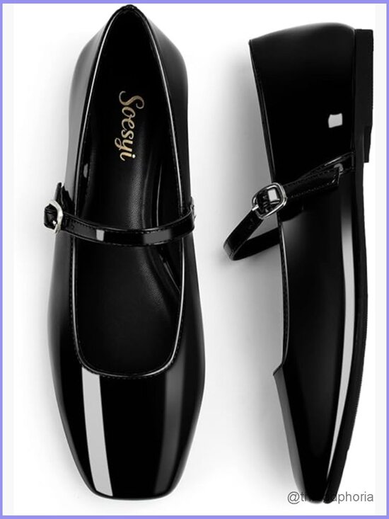 Shoes - Square Toe Mary Jane Ballet Flats With Adjustable Buckle Ankle Strap Soft